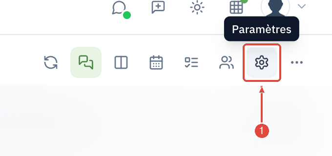Le bouton Paramètres, dans la barre d'outils en haut à droite de la liste des mails, à droite de l'icône Contacts, avec son infobulle Paramètres