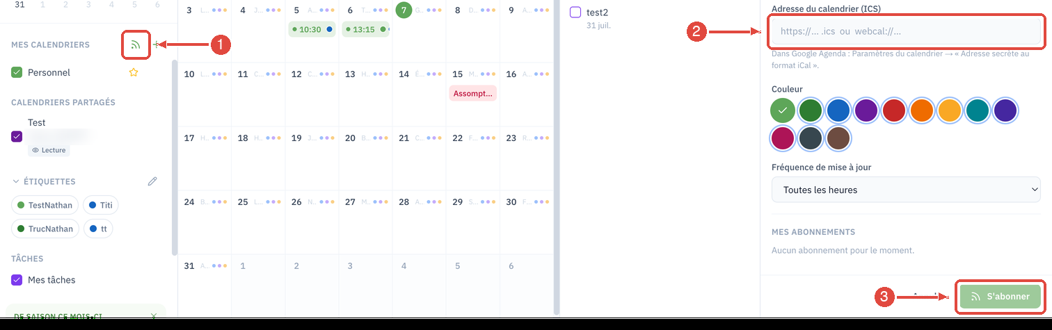 L'abonnement à un calendrier externe : l'icône S'abonner à un calendrier, à droite du titre Mes calendriers (1), le champ Adresse du calendrier (ICS) du panneau qui s'ouvre (2), et le bouton S'abonner en bas (3)