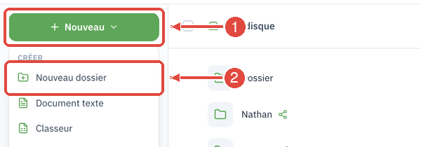 Le bouton Nouveau, en haut de la barre latérale du Disque (1), et l'entrée Nouveau dossier du menu qu'il ouvre (2)