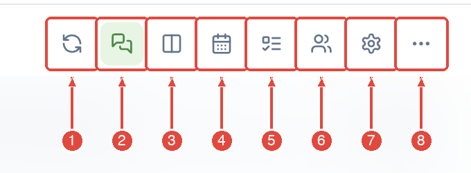 La barre d'outils en haut à droite de la liste des mails : Actualiser (1), Mode conversation (2), Vue côte à côte (3), Agenda du jour (4), Tâches (5), Contacts (6), Paramètres (7), Plus d'actions (8)