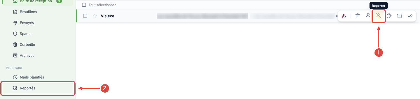 L'icône Reporter, une cloche barrée, parmi les actions qui apparaissent à droite d'un mail quand on le survole, et la rubrique Reportés dans la barre latérale, sous Plus tard