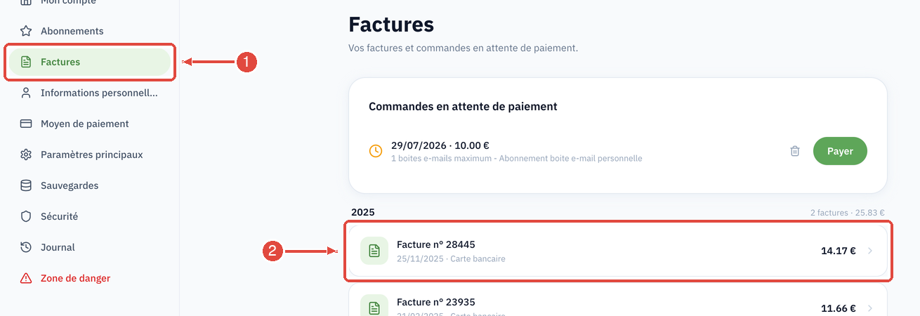 La page Factures : l'entrée Factures du menu de gauche (1) et une ligne de facture, avec sa date, son moyen de paiement et son montant (2)