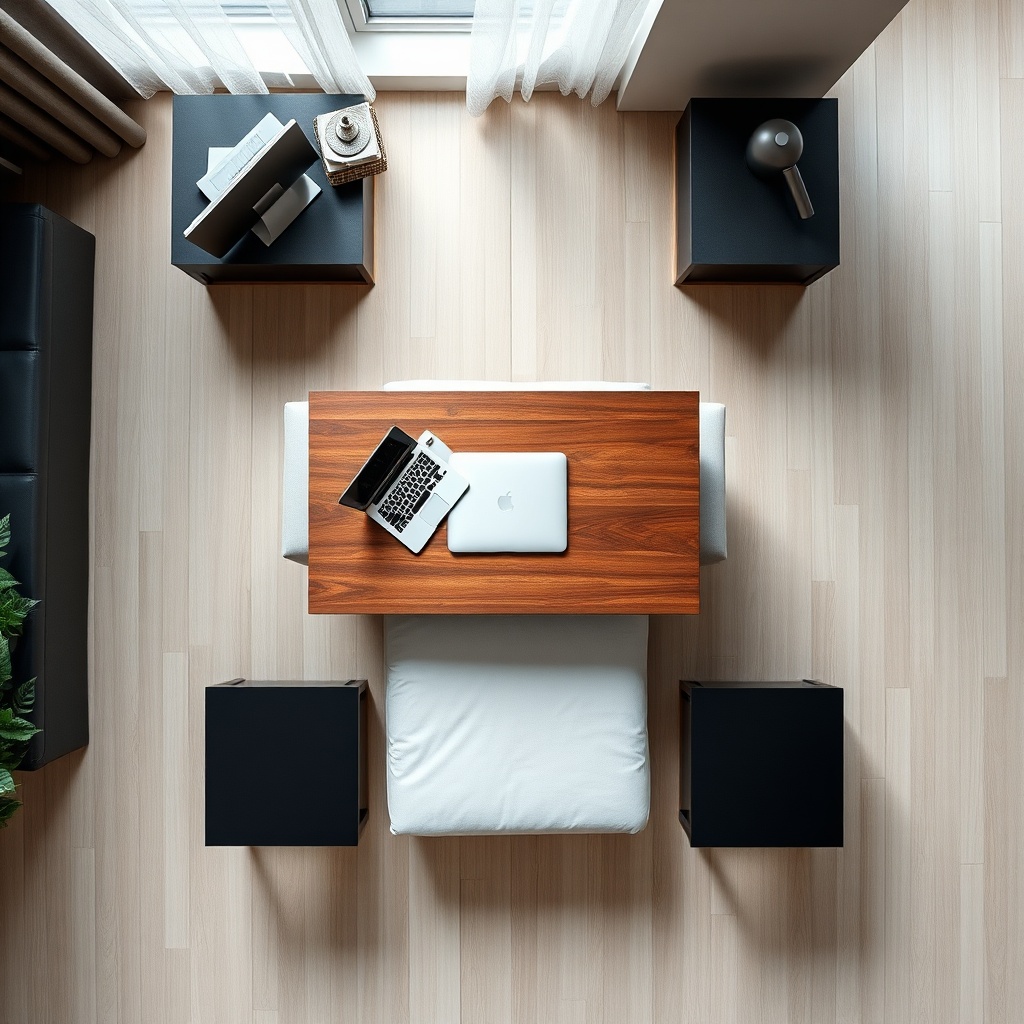 Mesa de escritório, cama de bebê e mesas