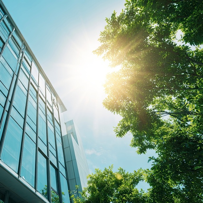 Modern office building exterior with glass windows and trees
