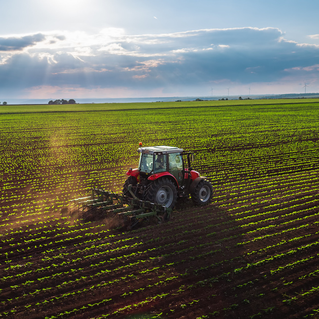Tractor cultivating field at spring
