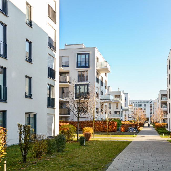 Modern apartment buildings in a green residential area in the ci
