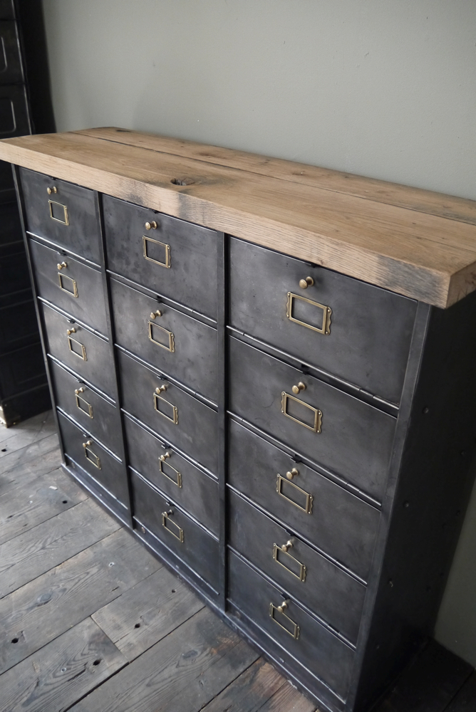 ancien meuble console 15 casiers industriel a clapet Roneo 1940 plateau chene massif – Image 3