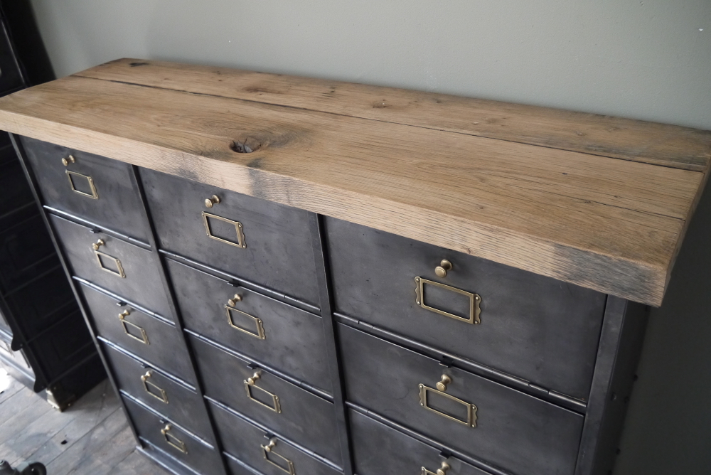 ancien meuble console 15 casiers industriel a clapet Roneo 1940 plateau chene massif – Image 7