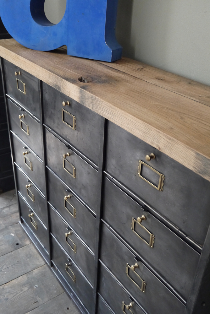 ancien meuble console 15 casiers industriel a clapet Roneo 1940 plateau chene massif – Image 11