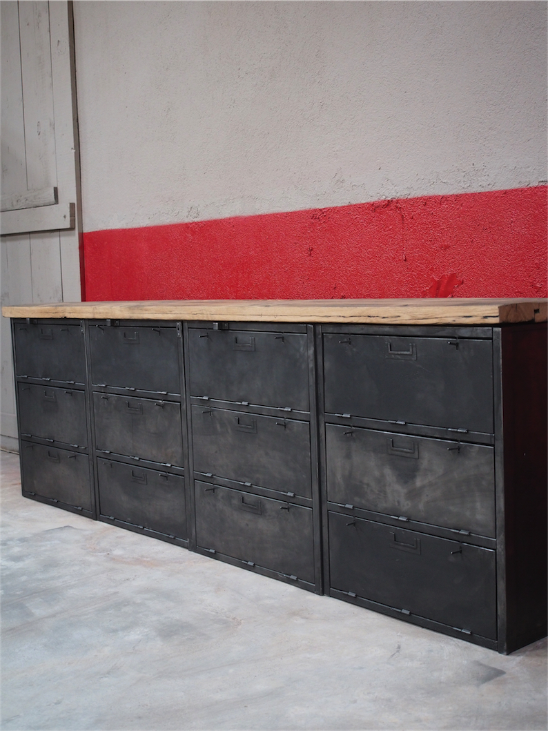 enfilade industrielle 12 compartiments atelier militaire plateau vieux chene massif – Image 2