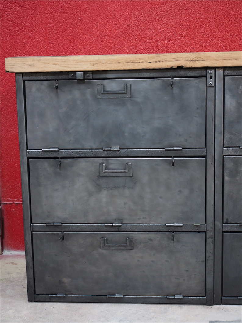 enfilade industrielle 12 compartiments atelier militaire plateau vieux chene massif – Image 6