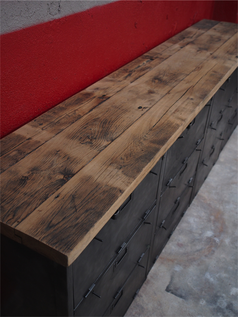 enfilade industrielle 12 compartiments atelier militaire plateau vieux chene massif – Image 11