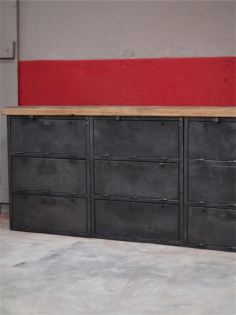 enfilade industrielle 12 compartiments atelier militaire plateau vieux chene massif – Image 16