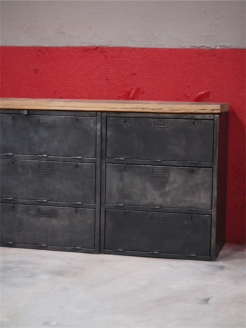 enfilade industrielle 12 compartiments atelier militaire plateau vieux chene massif – Image 17