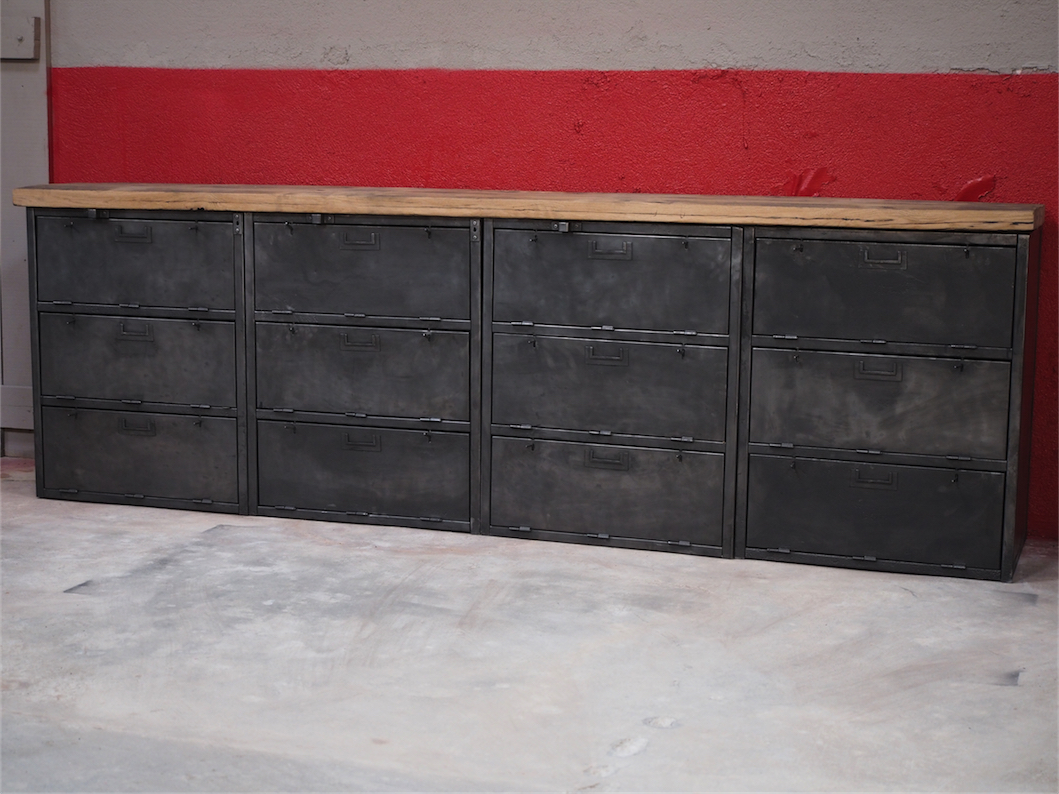 enfilade industrielle 12 compartiments atelier militaire plateau vieux chene massif – Image 14