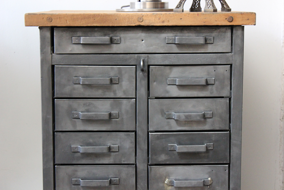etabli d'atelier industriel metal 11 tiroirs plateau bois massif – Image 3