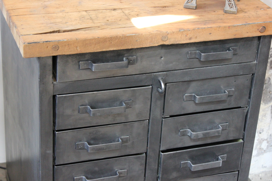 etabli d'atelier industriel metal 11 tiroirs plateau bois massif – Image 5
