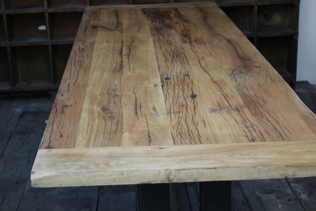 grande table industrielle plateau chene massif pietement fonte – Image 6