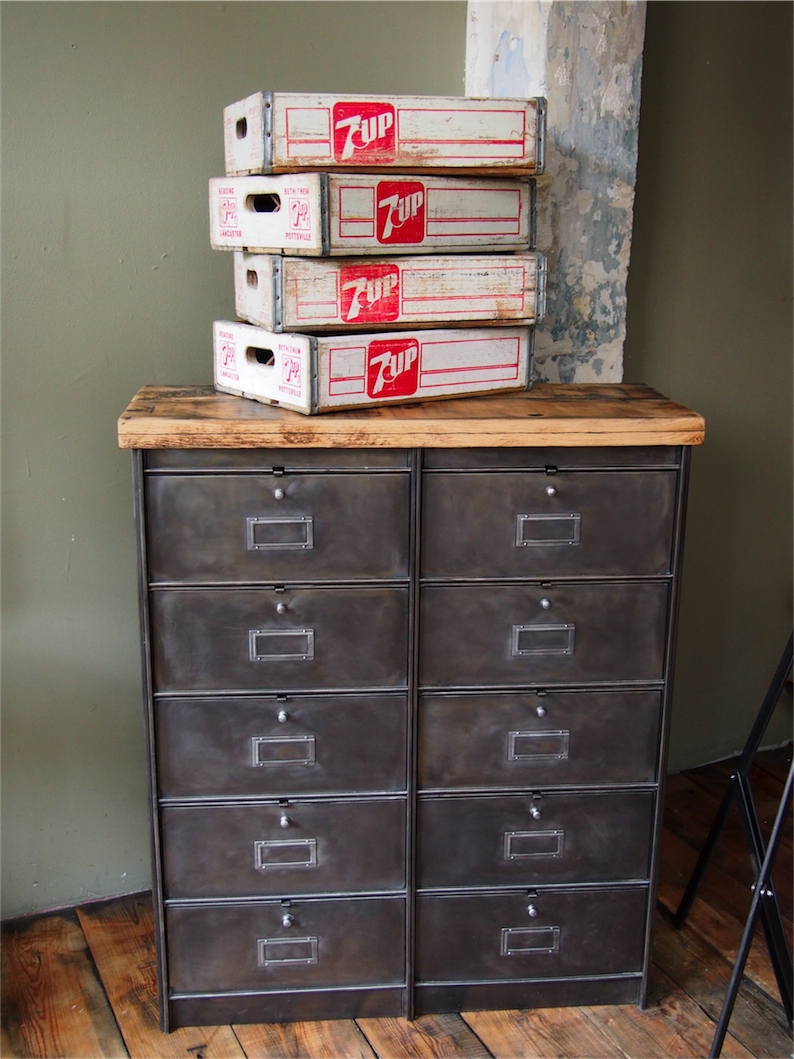 ancien meuble console 10 casiers industriel a clapet roneo 1950 plateau chene massif – Image 16