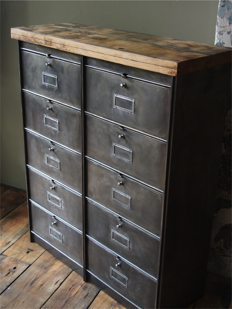 ancien meuble console 10 casiers industriel a clapet roneo 1950 plateau chene massif – Image 2