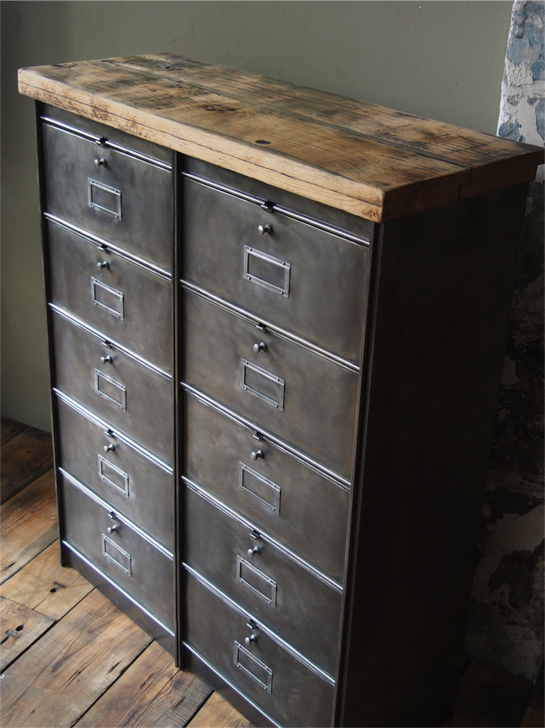 ancien meuble console 10 casiers industriel a clapet roneo 1950 plateau chene massif – Image 9