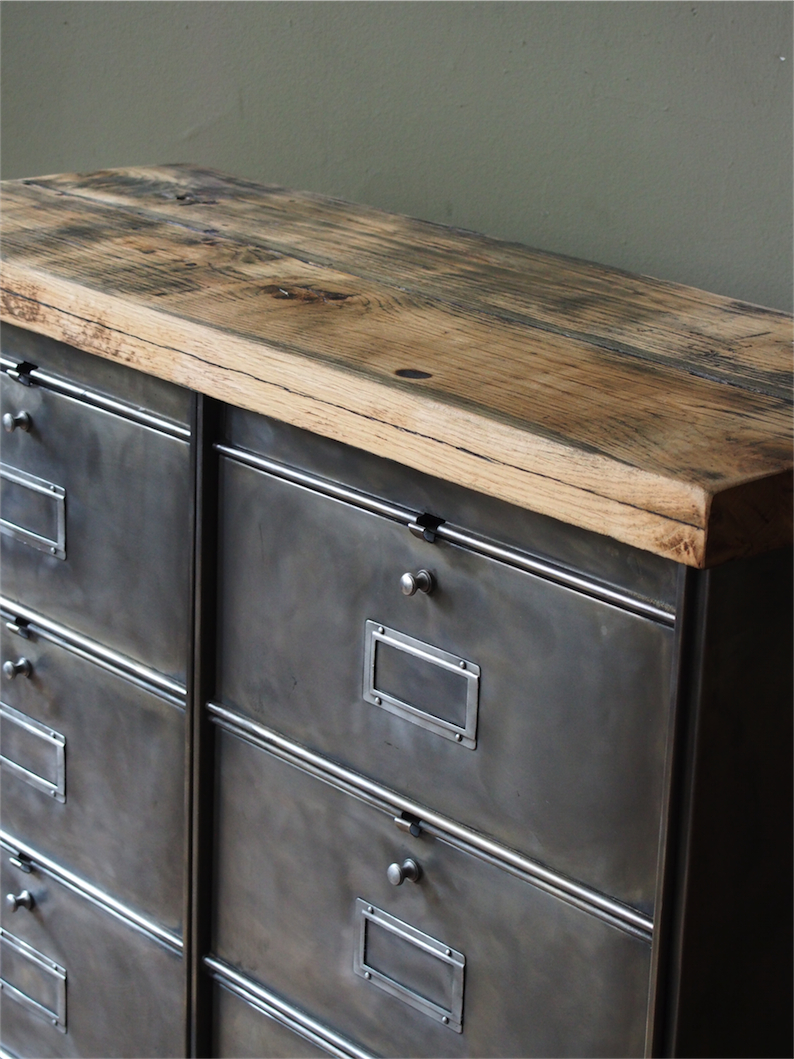 ancien meuble console 10 casiers industriel a clapet roneo 1950 plateau chene massif – Image 10