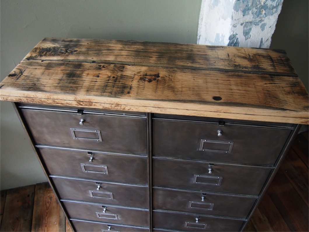 ancien meuble console 10 casiers industriel a clapet roneo 1950 plateau chene massif – Image 13