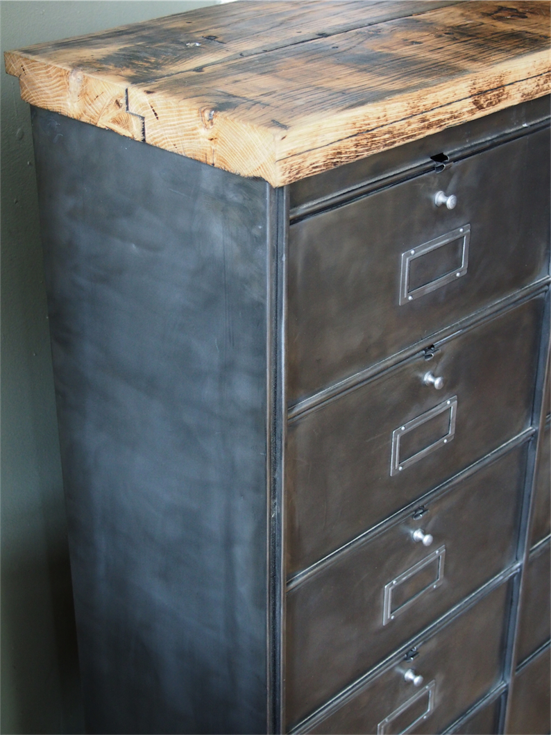 ancien meuble console 10 casiers industriel a clapet roneo 1950 plateau chene massif – Image 14