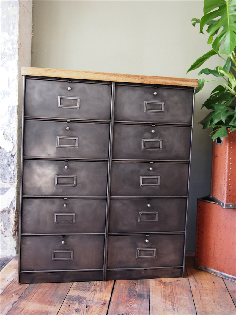 ancien meuble console 10 casiers industriel a clapet roneo 1950 plateau chene massif – Image 2