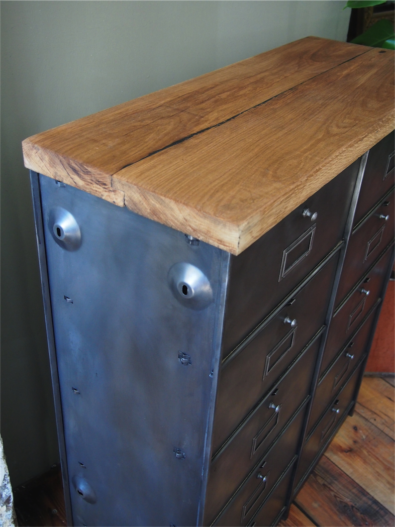 ancien meuble console 10 casiers industriel a clapet roneo 1950 plateau chene massif – Image 8