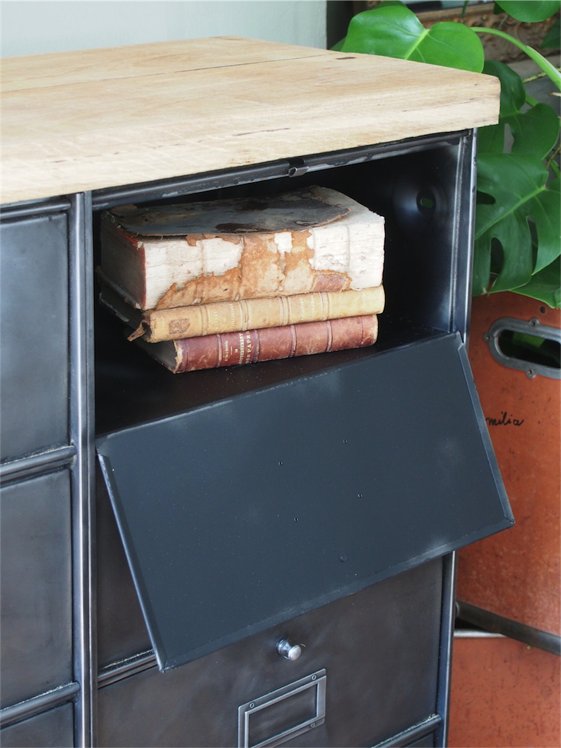 ancien meuble console 10 casiers industriel a clapet roneo 1950 plateau chene massif – Image 12