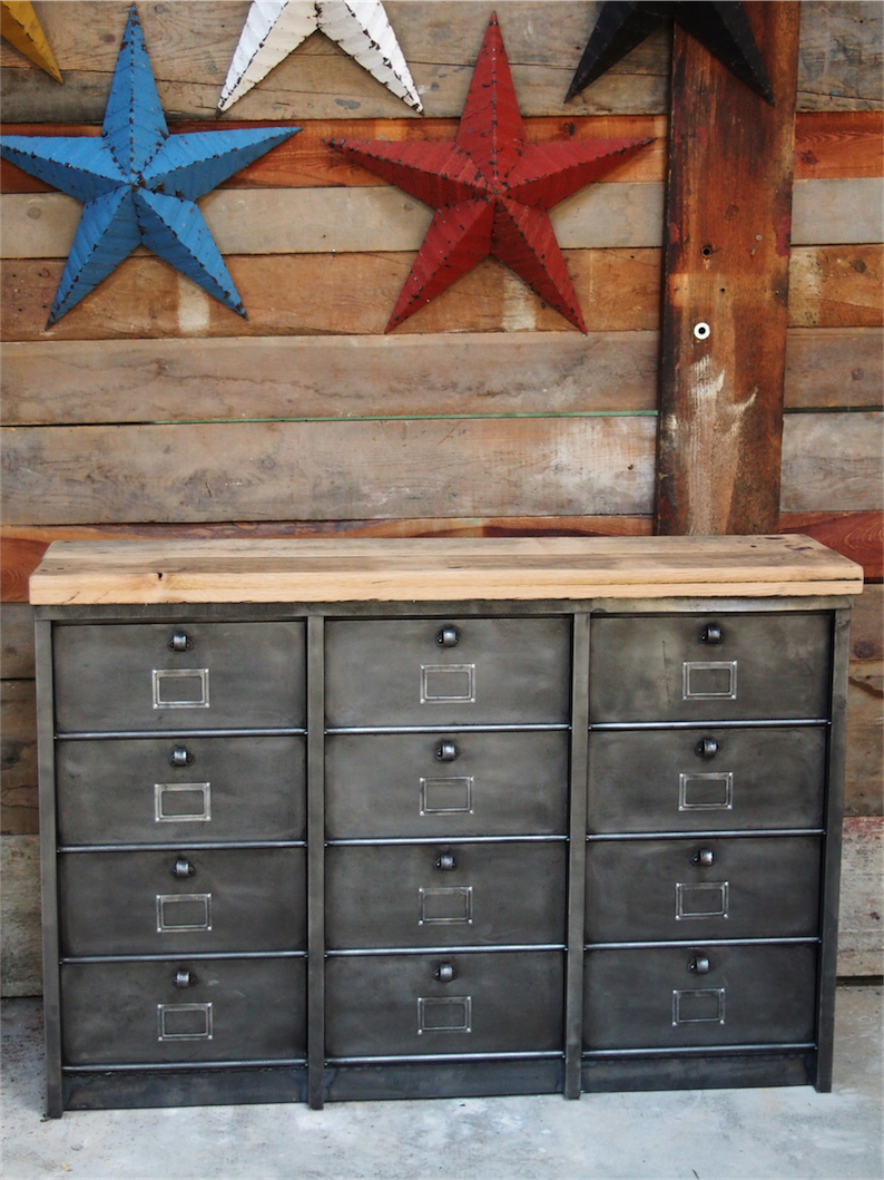 ancien grand meuble 12 casiers industriel strafor plateau chene massif – Image 11