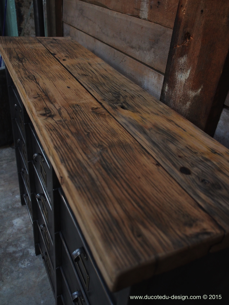 ancien grand meuble 15 casiers industriel strafor plateauchene massif – Image 9