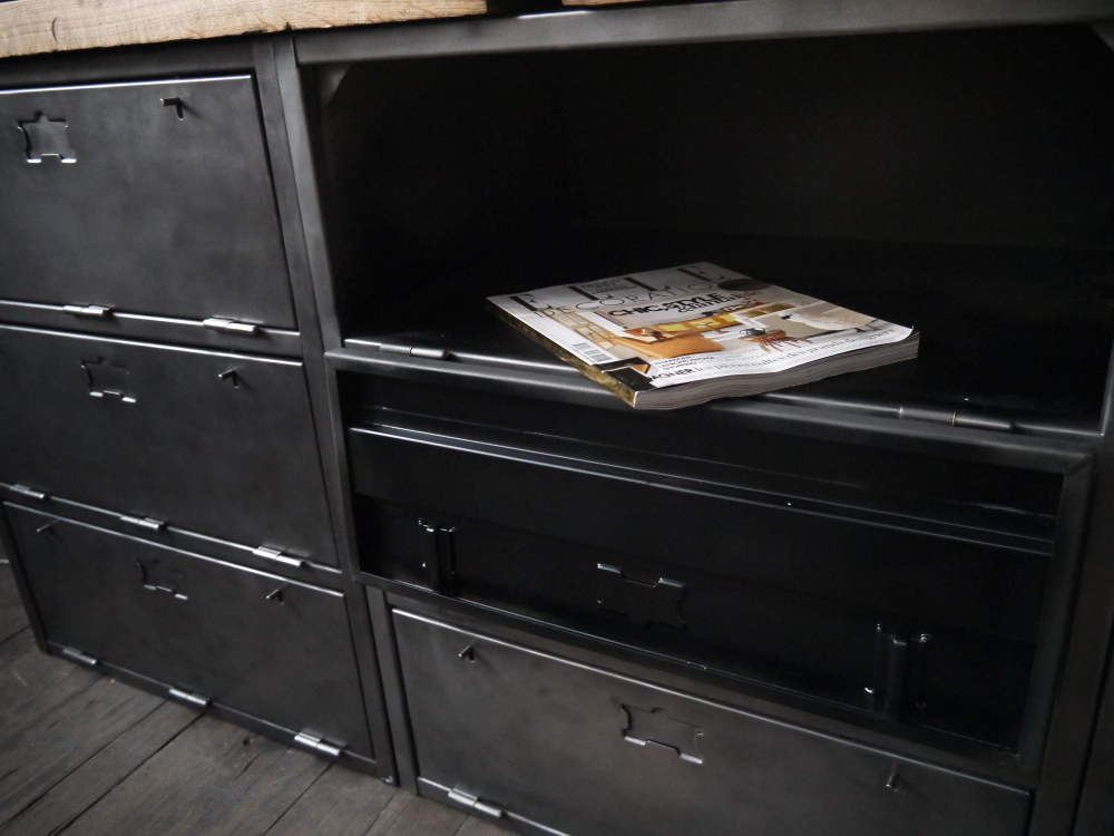 enfilade industrielle 9 compartiments atelier militaire plateau vieux chene massif – Image 13