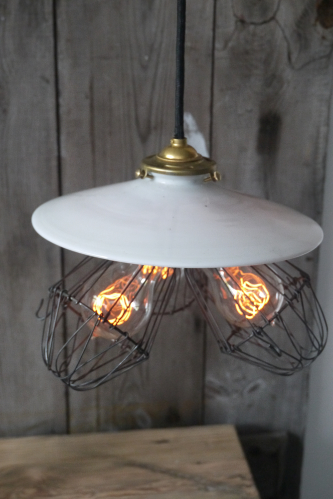 abat jour opaline lampe industrielle americaine 3 feux – Image 8