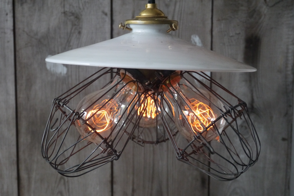 abat jour opaline lampe industrielle americaine 3 feux – Image 9