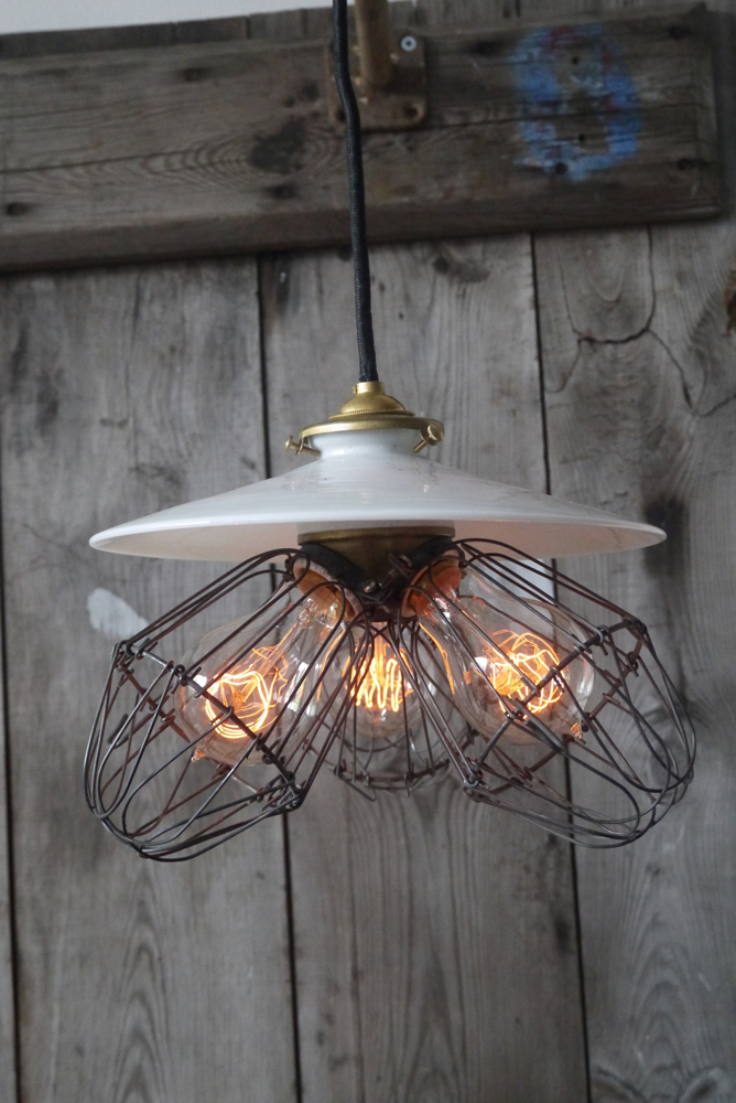 abat jour opaline lampe industrielle americaine 3 feux – Image 10