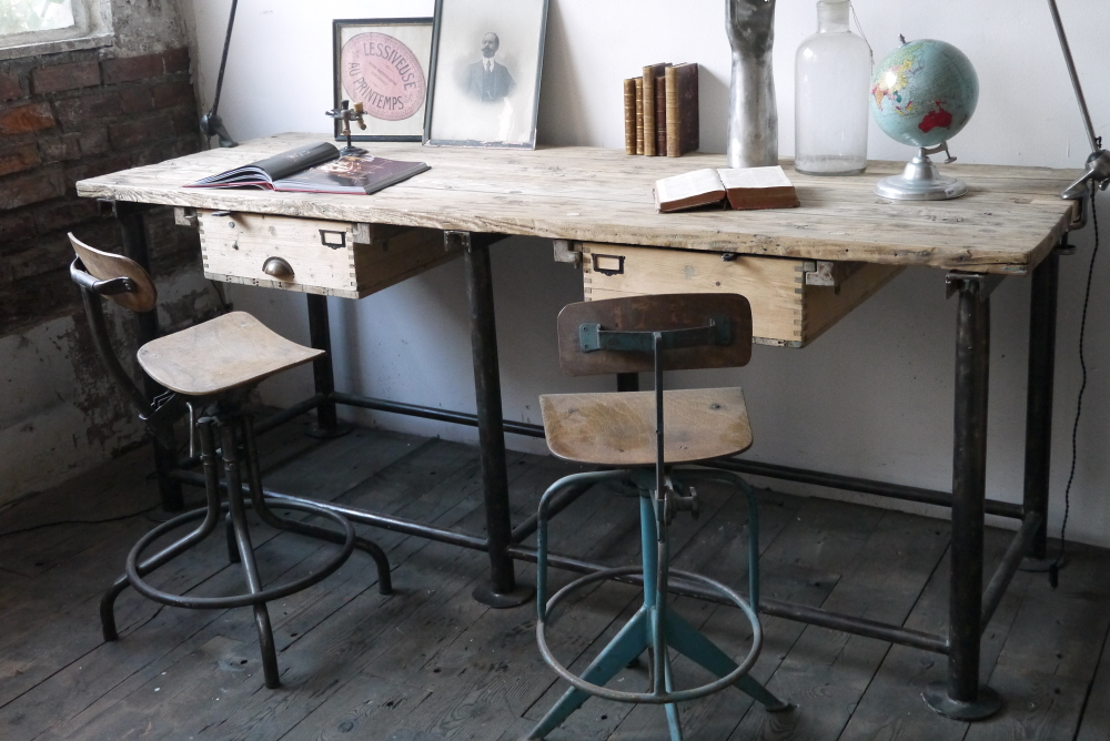 bureau industriel double poste de travail metal et bois – Image 2