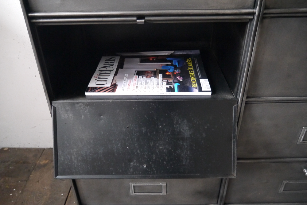 meuble console 8 casiers industriel clapet Roneo plateau chene massif – Image 10