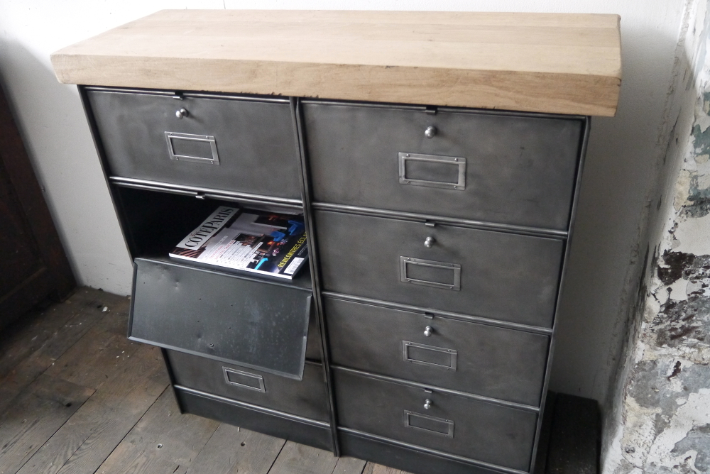 meuble console 8 casiers industriel clapet Roneo plateau chene massif – Image 11