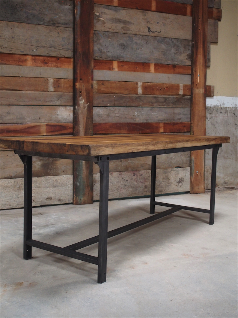 Table ou bureau metal industriel militaire plateau bois massif – Image 5