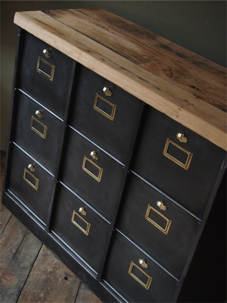 meuble console 9 grand casiers industriel clapet plateau chene massif – Image 3