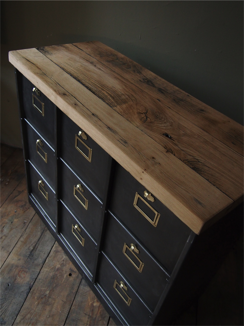 meuble console 9 grand casiers industriel clapet plateau chene massif – Image 4