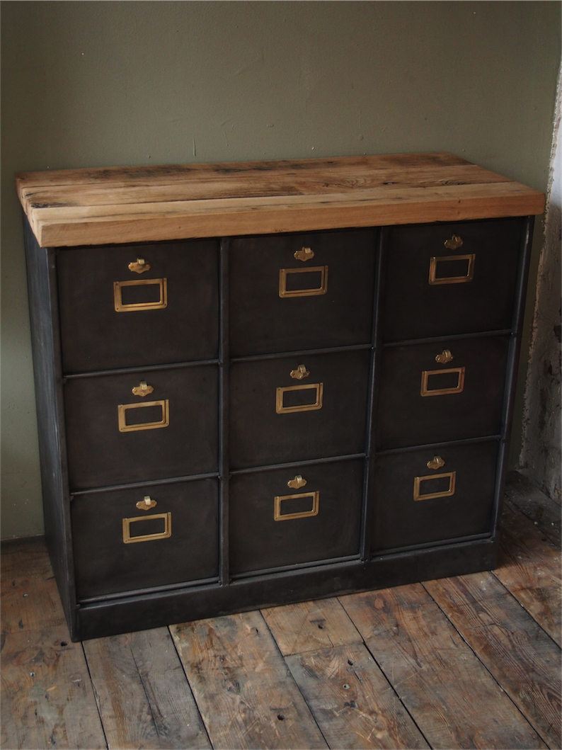 meuble console 9 grand casiers industriel clapet plateau chene massif – Image 10