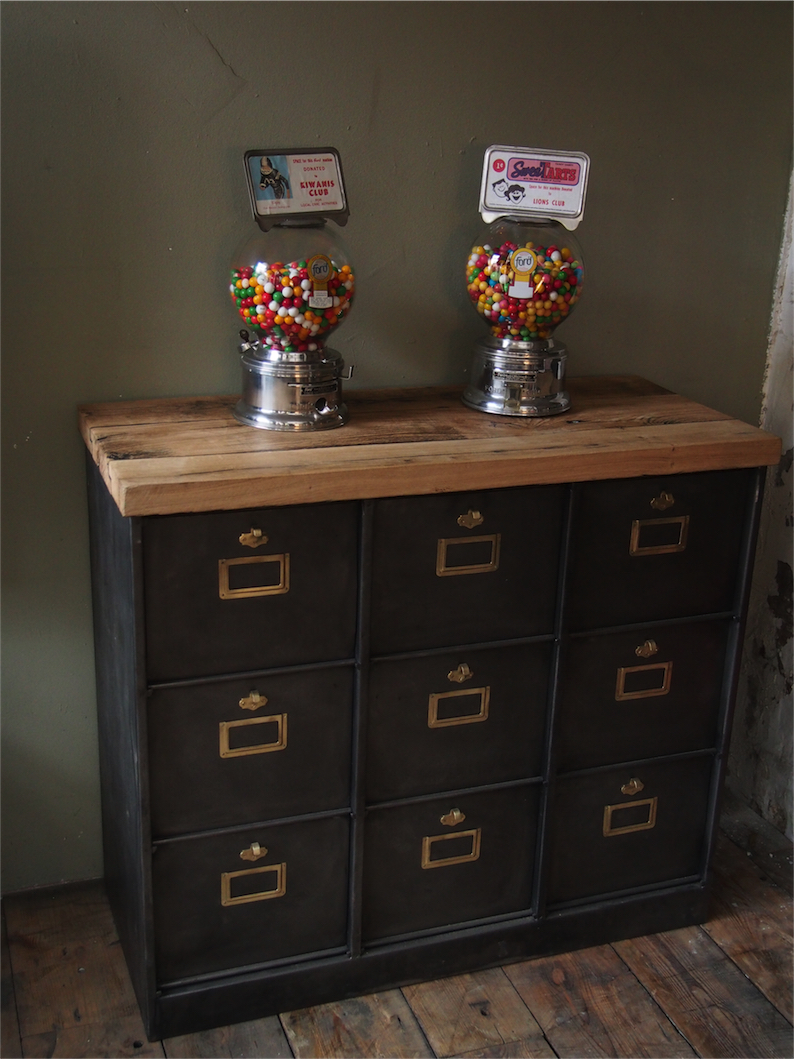 meuble console 9 grand casiers industriel clapet plateau chene massif – Image 6