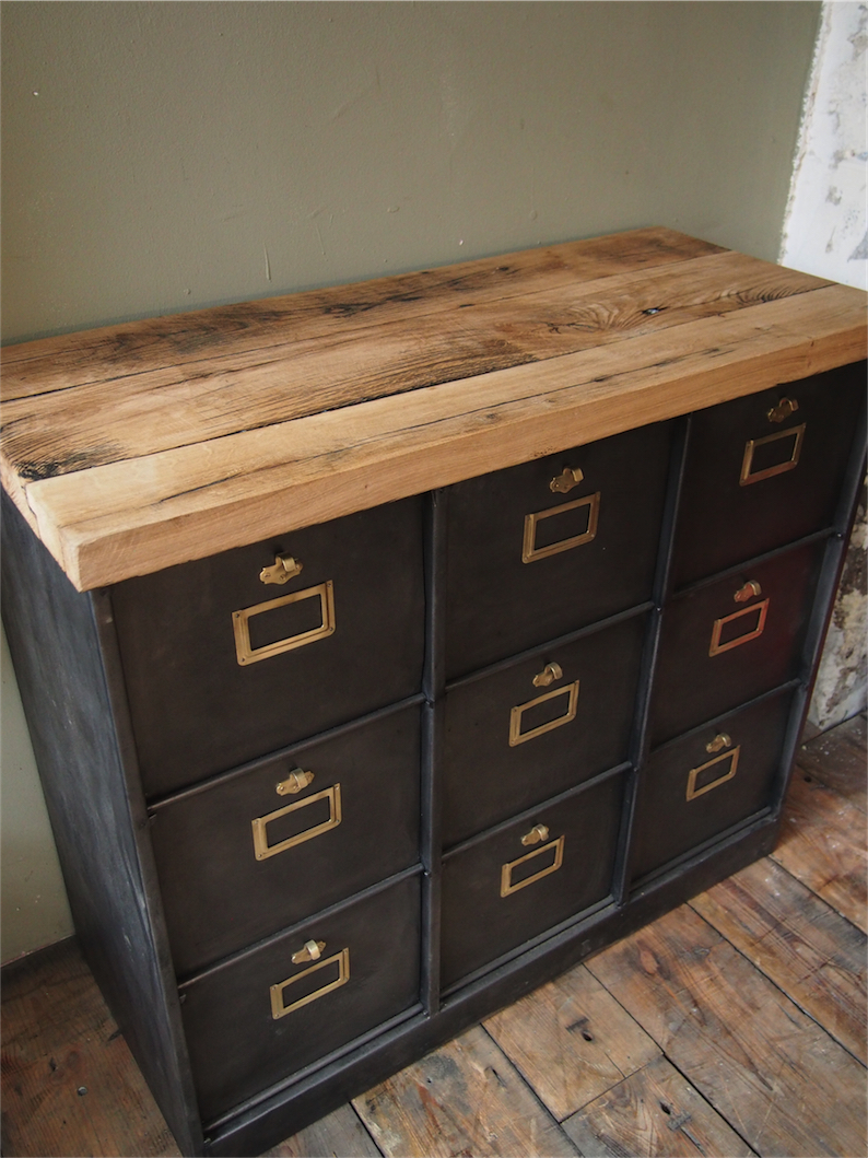 meuble console 9 grand casiers industriel clapet plateau chene massif – Image 14