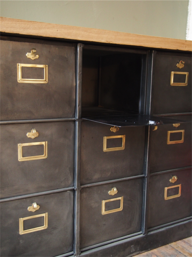 meuble console 9 grand casiers industriel clapet plateau chene massif – Image 15