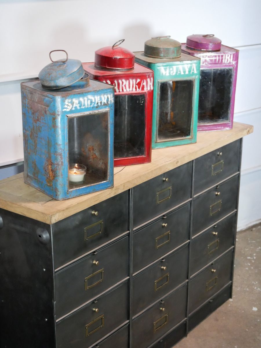 meuble console 12 casiers industriel clapet Roneo plateau chene massif – Image 4