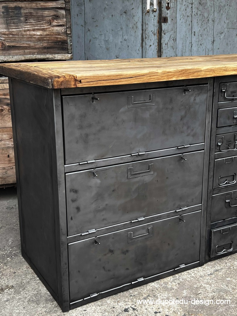 enfilade industrielle 6 compartiments 18 tiroirs atelier militaire plateau vieux chene massif – Image 7