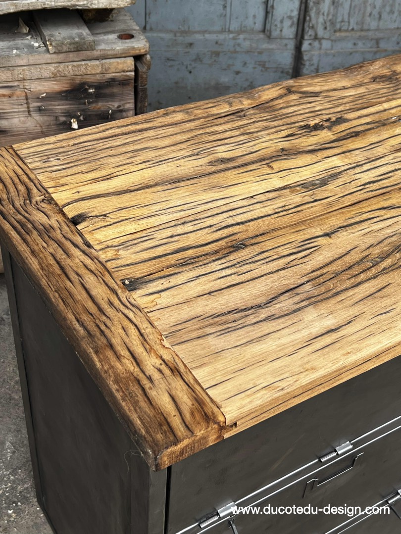 enfilade industrielle 6 compartiments 18 tiroirs atelier militaire plateau vieux chene massif – Image 13